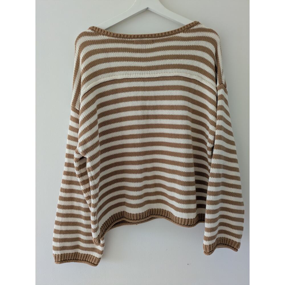 American Eagle Striped Oversized Crew Neck Knit Sweater - Tan & White - Picture 5 of 5